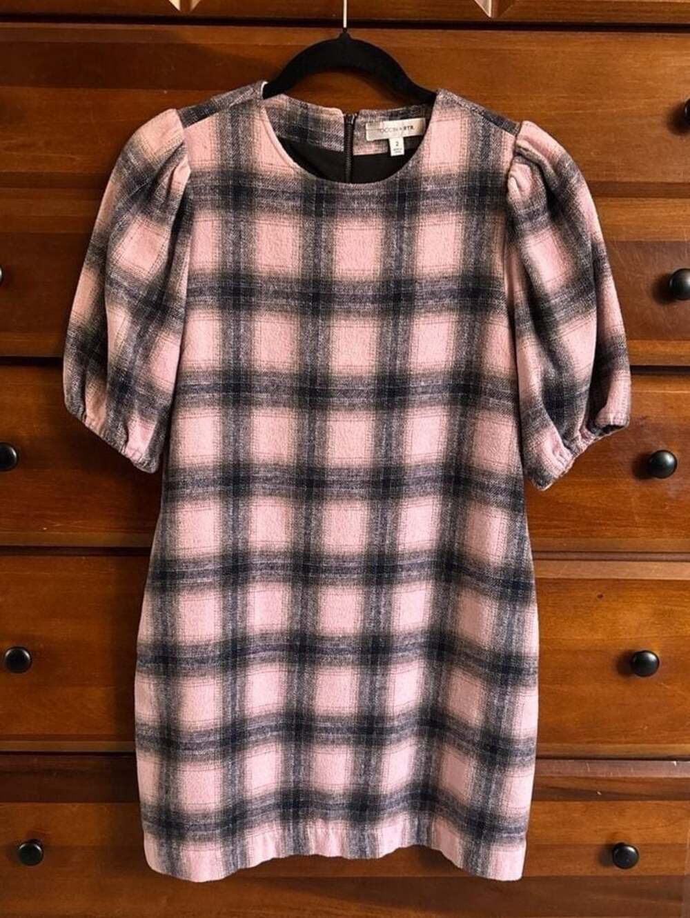 Toccin x RTR Pink and Black Plaid Puff Sleeve Mini Dress